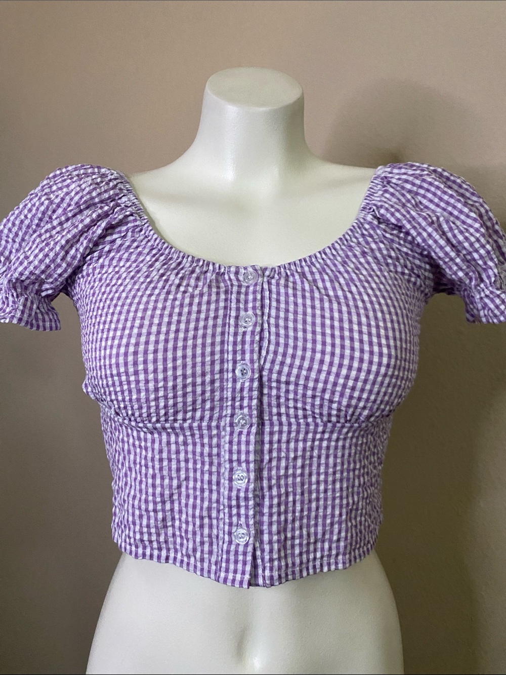 Lilac Gingham Smocked boho retro coquette crop top S